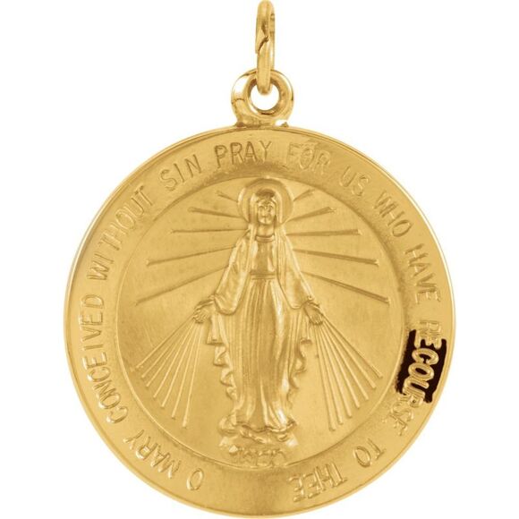 14k Yellow Gold Round Miraculous Medal Pendant, 22mm (7/8 Inch)